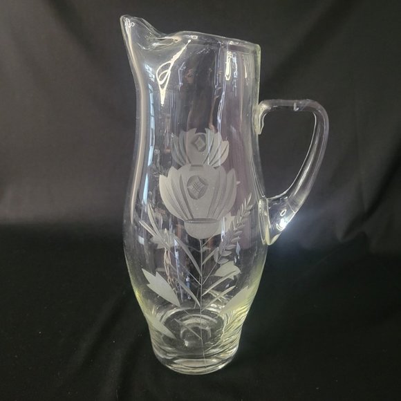 Vintage Large Hand Blown Romania Floral Etched Glass Pitcher Jug Ewer 12" - Picture 1 of 10